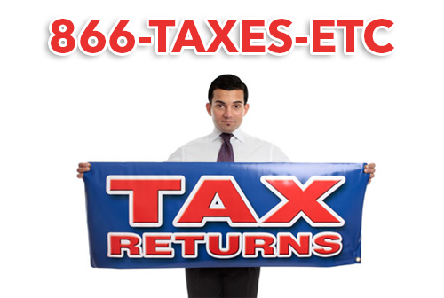 Man holding tax returns sign using 1-866-TAXES-ETC