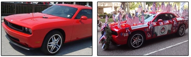 Plain Dodge Challenger converted to a decorated flag parade car