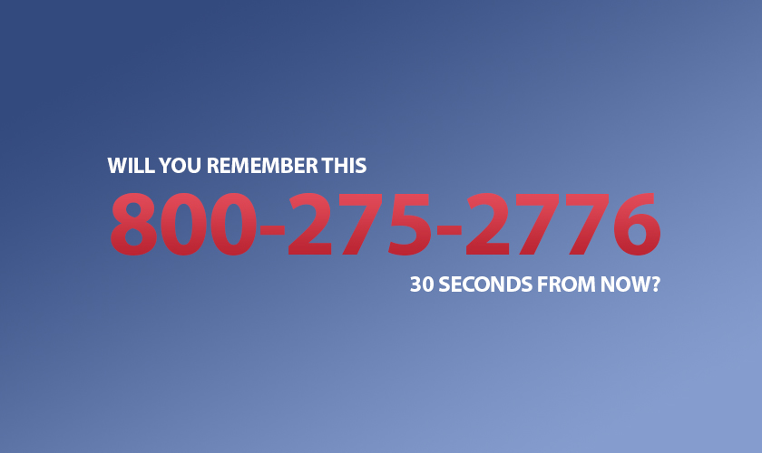 Blue background slide asking will you remember 800-275-2776 30 seconds from now